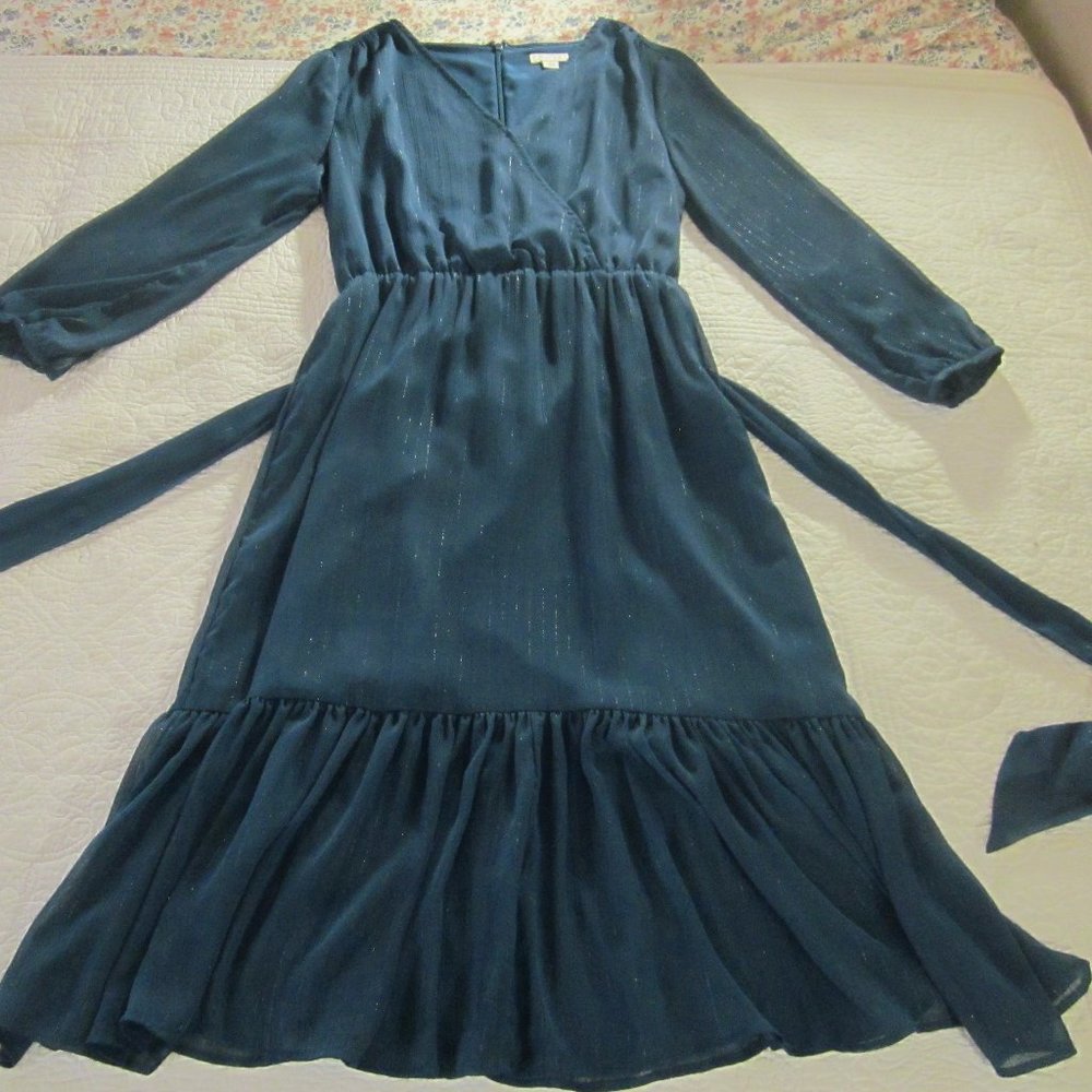 Point Sur Dress 8 Faux Wrap Crinkle Chiffon Blue L0112 - Picture 3 of 11
